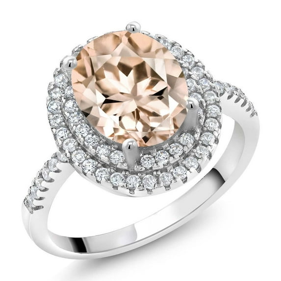 Gem Stone King 925 Sterling Silver Halo Engagement Ring Oval Peach Morganite and Moissanite (2.03 Cttw) | Size 8