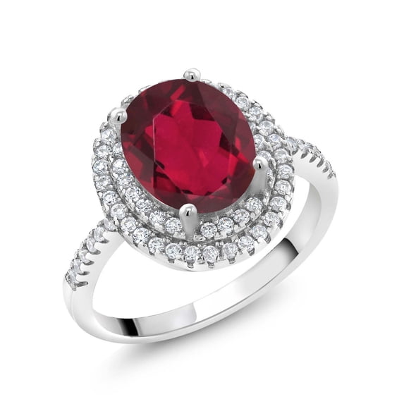 Gem Stone King 925 Sterling Silver Halo Engagement Ring Oval Red Mystic Quartz and Moissanite (2.23 Cttw) | Size 7