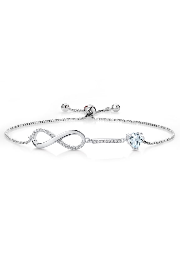925 Sterling Silver Heart Aquamarine and White Moissanite Infinity Tennis Bracelet for Women (0.86 Cttw, Heart 6MM, Gemstone Birthstone, Box Chain Fully Adjustable up to 9 inch)