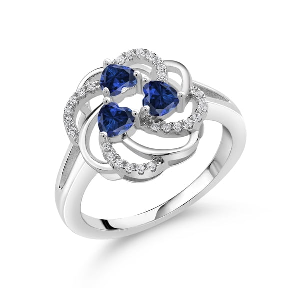 Gem Stone King 925 Sterling Silver Heart Blue Created Sapphire 3-Stone Ring for Women (1.82 Cttw, Heart Shape 4MM, Gemstone September Birthstone, Size 6)