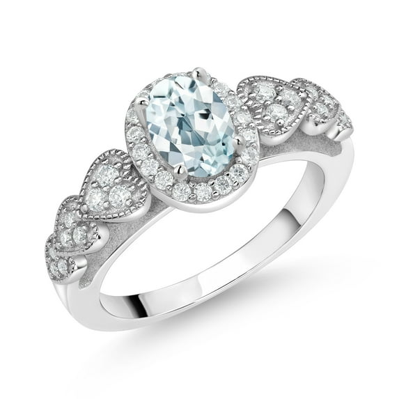 Gem Stone King 925 Sterling Silver Sky Blue Aquamarine and White Moissanite Engagement Ring for Women | 0.93 Cttw | Oval 7X5MM | Gemstone March Birthstone | Size 8