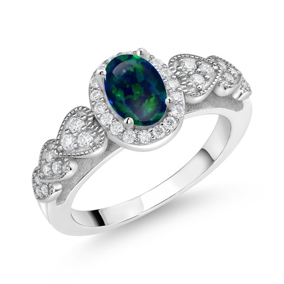 Gem Stone King 925 Sterling Silver Simulated Green Opal and White Moissanite Engagement Ring for Women | 0.81 Cttw | Oval Cabochon 7X5MM | Gemstone October Birthstone | Size 7