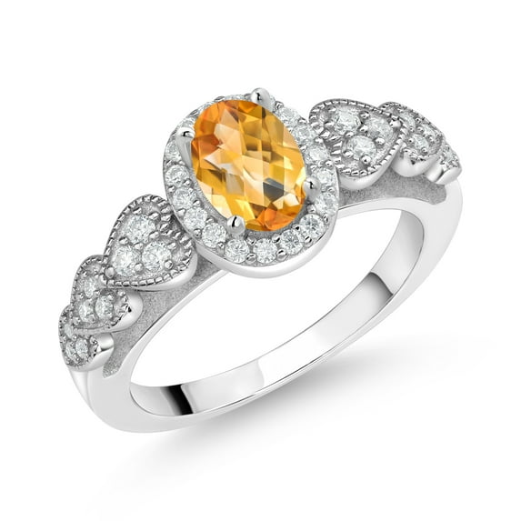 Gem Stone King 925 Sterling Silver Yellow Citrine and White Moissanite Engagement Ring for Women | 0.91 Cttw | Oval Checkerboard 7X5MM | Gemstone November Birthstone | Size 9
