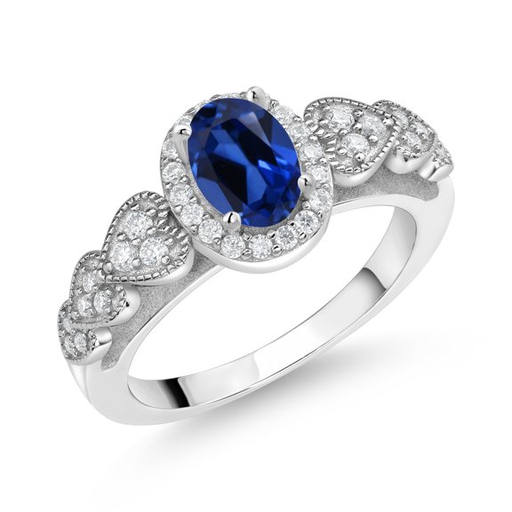 Gem Stone King 925 Sterling Silver Blue Created Sapphire and White Moissanite Engagement Ring for Women | 1.18 Cttw | Oval 7X5MM | Gemstone September Birthstone | Size 8