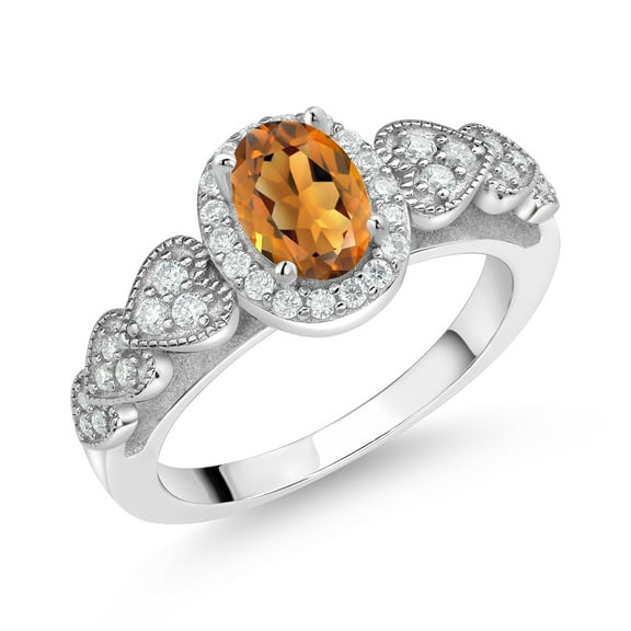 Gem Stone King 925 Sterling Silver Orange Red Madeira Citrine and White Moissanite Engagement Ring for Women | 0.88 Cttw | Oval 7X5MM | Gemstone November Birthstone | Size 8