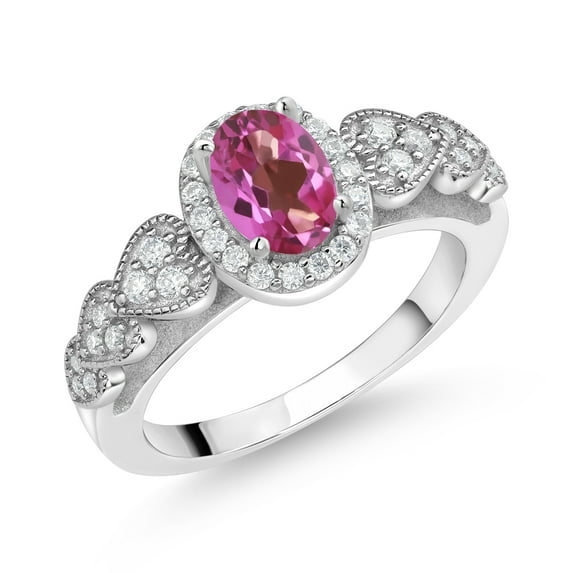 Gem Stone King 925 Sterling Silver Pink Mystic Topaz and White Moissanite Engagement Ring for Women | 0.98 Cttw | Oval 7X5MM | Gemstone November Birthstone | Size 6