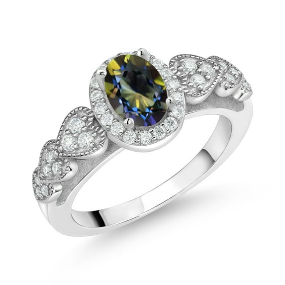 Gem Stone King 925 Sterling Silver Blue Mystic Topaz and White Moissanite Engagement Ring for Women | 1.13 Cttw | Oval 7X5MM | Gemstone November Birthstone | Size 9