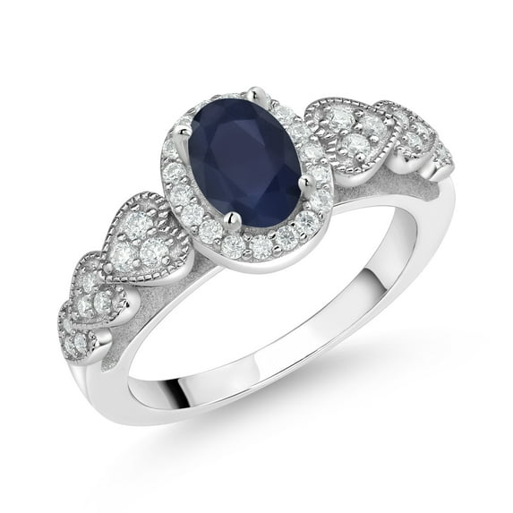 Gem Stone King 925 Sterling Silver Blue Sapphire and White Moissanite Engagement Ring for Women | 1.18 Cttw | Oval 7X5MM | Gemstone September Birthstone | Size 5