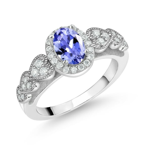 Gem Stone King 925 Sterling Silver Blue Tanzanite and White Moissanite Engagement Ring for Women | 0.93 Cttw | Oval 7X5MM | Gemstone December Birthstone | Size 5