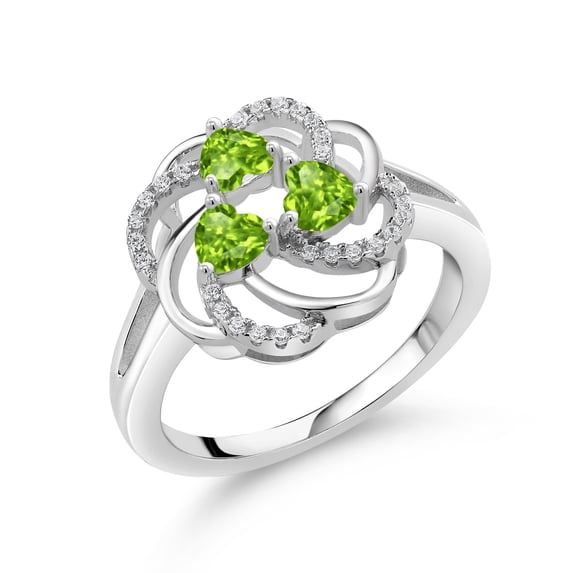 Gem Stone King 925 Sterling Silver Heart Green Peridot 3-Stone Ring for Women (1.22 Cttw, Heart Shape 4MM, Gemstone August Birthstone, Size 8)