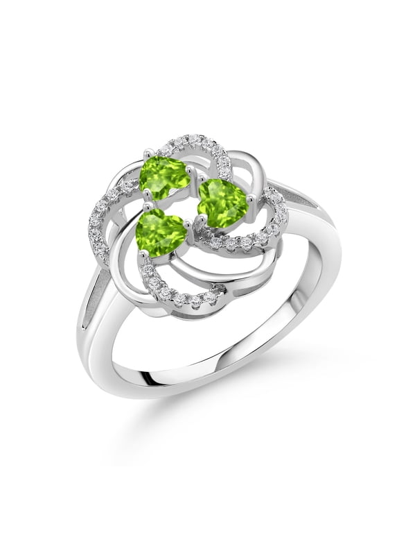 925 Sterling Silver Heart Green Peridot 3-Stone Ring for Women (1.22 Cttw, Heart Shape 4MM, Gemstone August Birthstone, Size 8)
