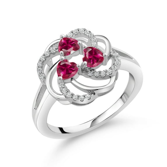 Gem Stone King 925 Sterling Silver Heart Red Created Ruby 3-Stone Ring for Women (1.22 Cttw, Heart Shape 4MM, Gemstone July Birthstone, Size 7)