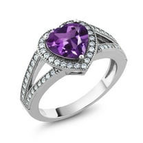 Gem Stone King 925 Sterling Silver Heart Shape Amethyst and White Moissanite Women Ring (1.89 Cttw, Gemstone Birthstone, Size 5)