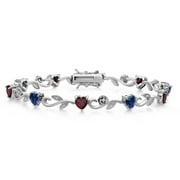 GEM STONE KING 925 Sterling Silver Heart Shape Blue Created Sapphire Red Rhodolite Garnet and Round White Lab Grown Diamond Greek Vine Flower Tennis Bracelet for Women (5.29 Cttw, 7.5 inch)