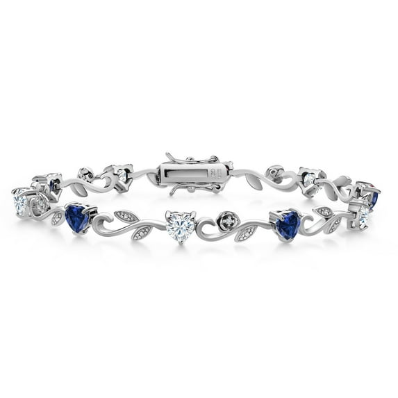 Gem Stone King 925 Sterling Silver Heart Shape Blue Created Sapphire White Moissanite and Round White Lab Grown Diamond Greek Vine Flower Tennis Bracelet for Women (5.04 Cttw, 7.5 inch)