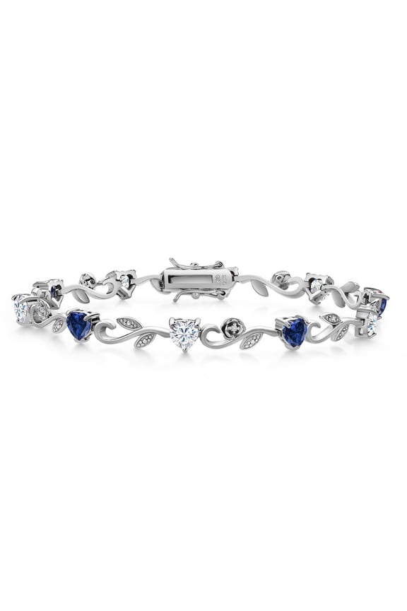 5.04 Cttw Heart Shape Blue Created Sapphire White Moissanite and White Lab Grown Diamond Greek Vine Flower Tennis Bracelet for Women | 925 Sterling Silver | 7.5 inch