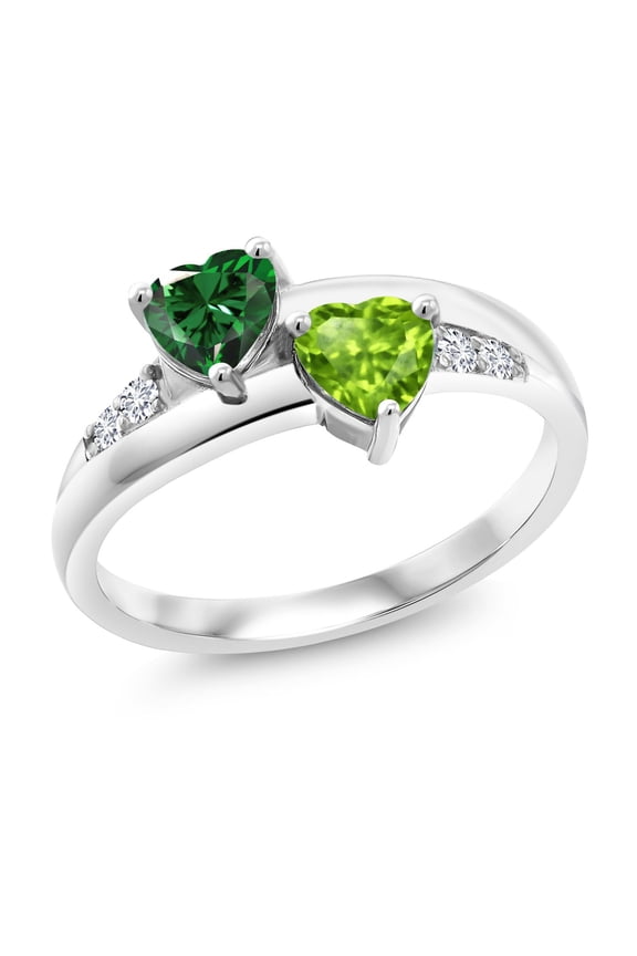 1.08 Cttw Heart Shape Green Nano Emerald and Green Peridot Ring for Women | 925 Sterling Silver | Gemstone Birthstone | Wedding Engagement Anniversary Promise Ring for Women | Size 6