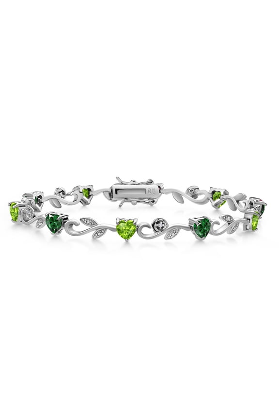 925 Sterling Silver Heart Shape Green Nano Emerald Green Peridot and Round White Lab Grown Diamond Greek Vine Flower Tennis Bracelet for Women (5.04 Cttw, 7.5 inch)