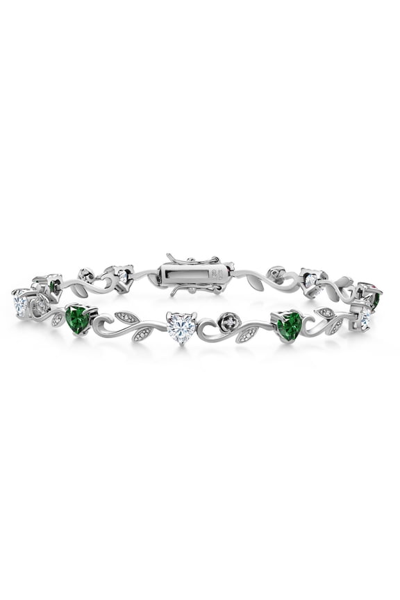 925 Sterling Silver Heart Shape Green Nano Emerald White Moissanite and Round White Lab Grown Diamond Greek Vine Flower Tennis Bracelet for Women (4.64 Cttw, 7.5 inch)