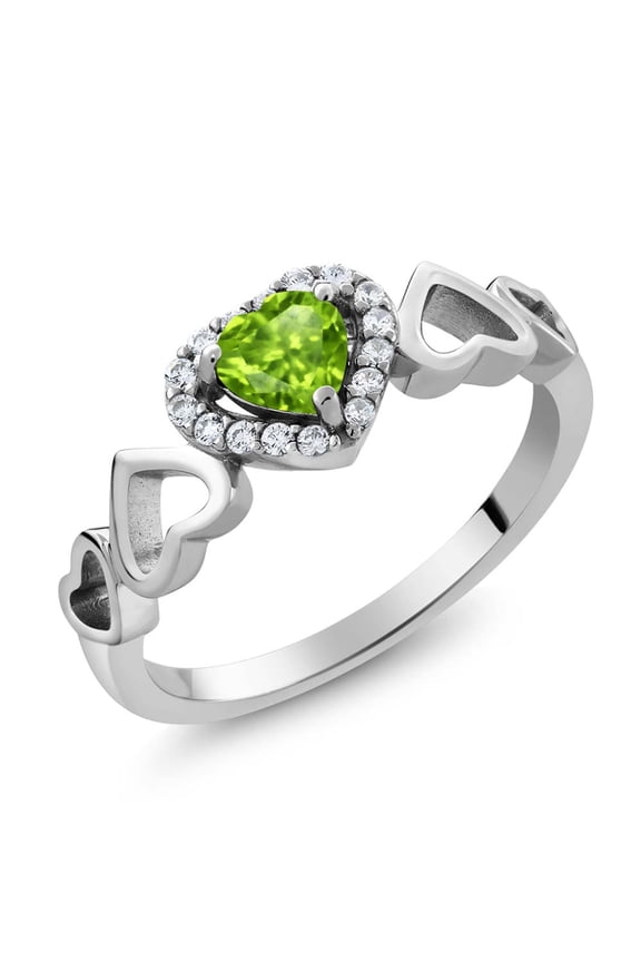 925 Sterling Silver Heart Shape Green Peridot Ring for Women (0.66 Cttw, Gemstone Birthstone, Size 8)