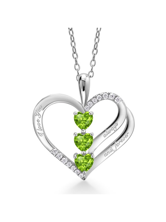 925 Sterling Silver Heart Shape Green Peridot and White Moissanite "I love you always and forever" Pendant Necklace for Women (1.00 Cttw, with 18 inch Silver Chain)