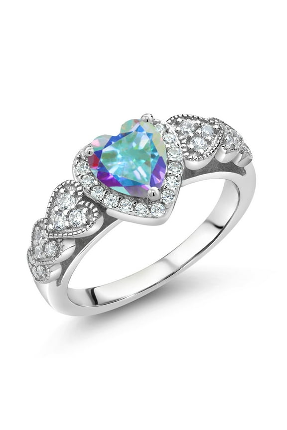 925 Sterling Silver Mercury Mist Mystic Topaz and White Moissanite Halo Ring for Women | 1.18 Cttw | Heart Shape 6MM | Gemstone November Birthstone | Size 8