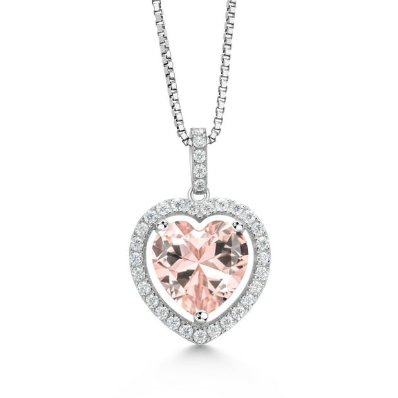 Gem Stone King 925 Sterling Silver Heart Shape Peach Nano Morganite and White Moissanite Pendant Necklace for Women (6.64 Cttw, with 18 inch Chain)