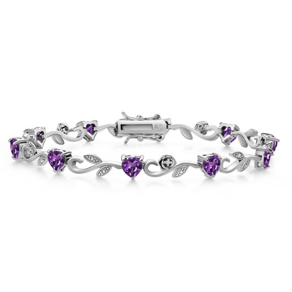 Gem Stone King 925 Sterling Silver Heart Shape Purple Amethyst and White Lab Grown Diamond Greek Vine Flower Tennis Bracelet for Women (4.24 Cttw, 7.5 inch)