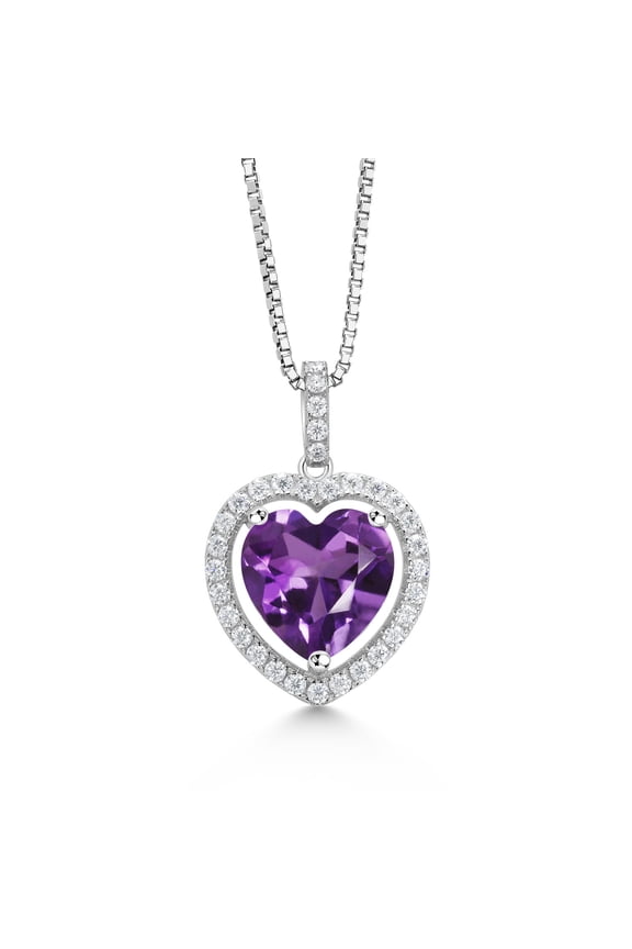 925 Sterling Silver Heart Shape Purple Purple Amethyst and White Moissanite Pendant Necklace for Women (6.09 Cttw, Gemstone Birthstone, with 18 inch Silver Chain)