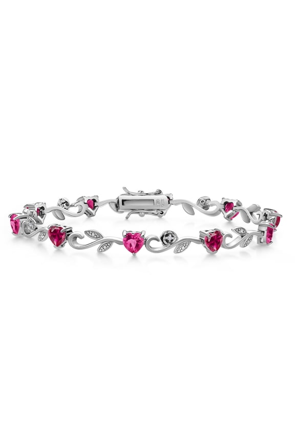 925 Sterling Silver Heart Shape Red Created Ruby Pink Created Sapphire and Round White Lab Grown Diamond Greek Vine Flower Tennis Bracelet for Women (6.04 Cttw, 7.5 inch)
