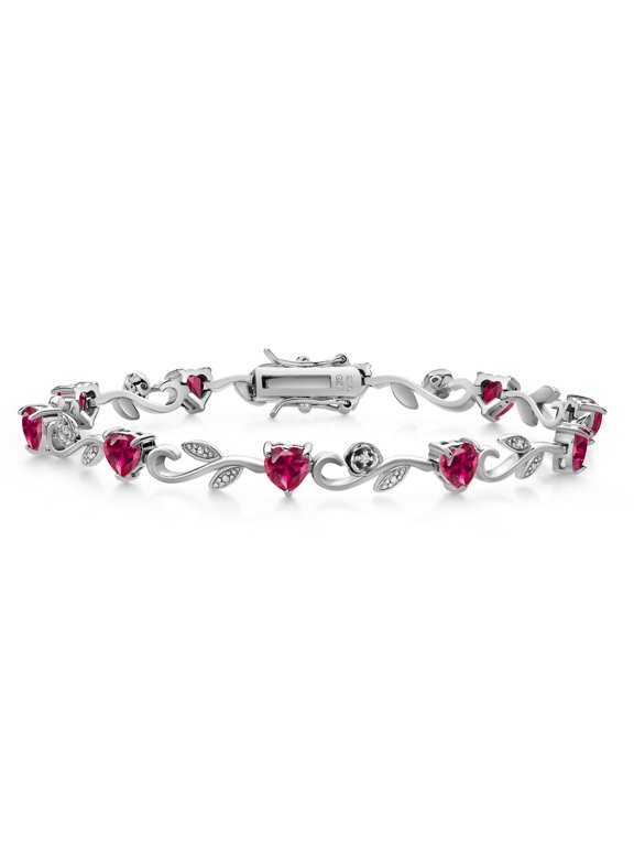 925 Sterling Silver Heart Shape Red Created Ruby and White Lab Grown Diamond Greek Vine Flower Tennis Bracelet for Women (6.04 Cttw, 7.5 inch)