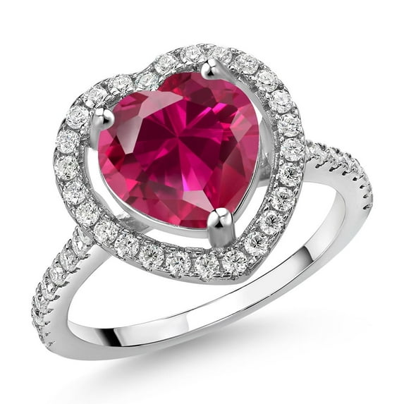 Gem Stone King 925 Sterling Silver Heart Shape Red Created Ruby and White Moissanite Ring for Women (4.69 Cttw, Available in Size 5, 6, 7, 8, 9)