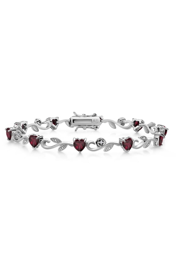 925 Sterling Silver Heart Shape Red Rhodolite Garnet and White Lab Grown Diamond Greek Vine Flower Tennis Bracelet for Women (5.54 Cttw, 7.5 inch)