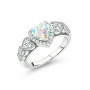 Gem Stone King 925 Sterling Silver Heart Shape Simulated Opal and White Moissanite Women Ring (0.93 Cttw, Available In Size 5, 6, 7, 8, 9)