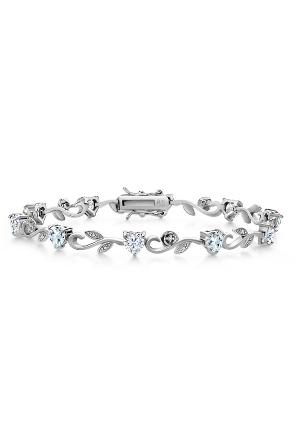 925 Sterling Silver Heart Shape Sky Blue Aquamarine White Moissanite and Round White Lab Grown Diamond Greek Vine Flower Tennis Bracelet for Women (4.61 Cttw, 7.5 inch)