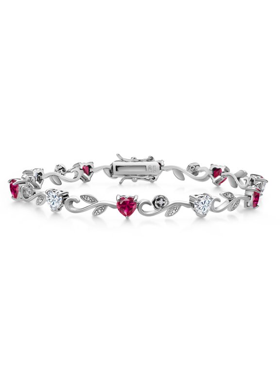 925 Sterling Silver Heart Shape White Moissanite Red Created Ruby and Round White Lab Grown Diamond Greek Vine Flower Tennis Bracelet for Women (5.14 Cttw, 7.5 inch)