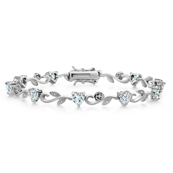 Gem Stone King 925 Sterling Silver Heart Shape White Moissanite Sky Blue Aquamarine and Round White Lab Grown Diamond Greek Vine Flower Tennis Bracelet for Women (4.21 Cttw, 7.5 inch)