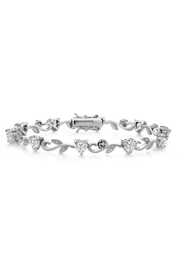 925 Sterling Silver Heart Shape White Moissanite and White Lab Grown Diamond Greek Vine Flower Tennis Bracelet for Women (4.24 Cttw, 7.5 inch)