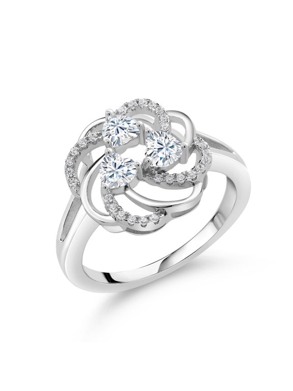 925 Sterling Silver Heart White Moissanite 3-Stone Ring for Women (1.01 Cttw, Heart Shape 4MM, Gemstone Birthstone, Size 6)