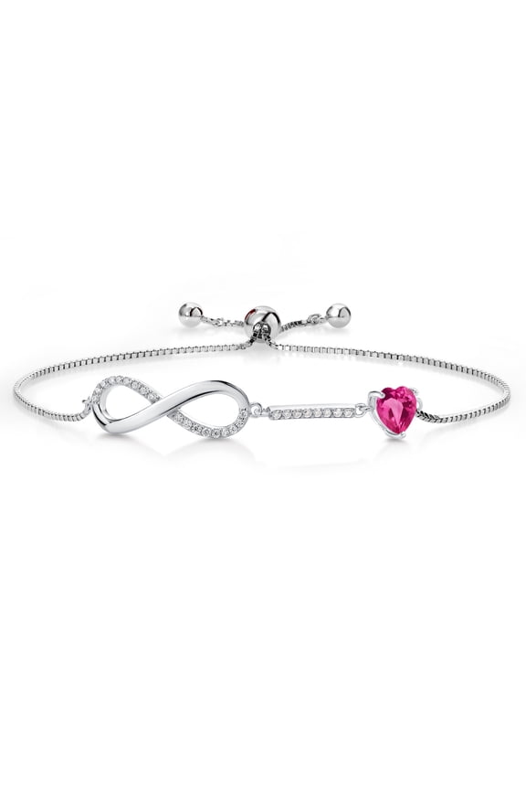 925 Sterling Silver Infinity Bracelet for Women with Heart Created Sapphire and Moissanite (0.93 Cttw, Box Chain Fully Adjustable up to 9 inch)