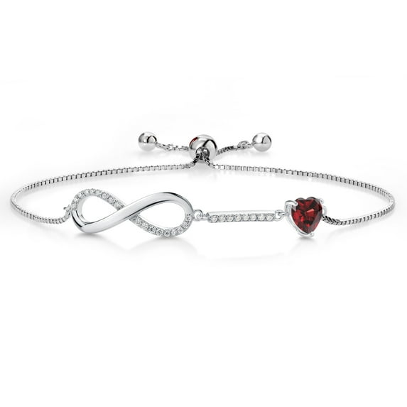 Gem Stone King 925 Sterling Silver Infinity Bracelet for Women with Heart Heart Shape Garnet and Moissanite (1.13 Cttw, Box Chain Fully Adjustable up to 9 inch)