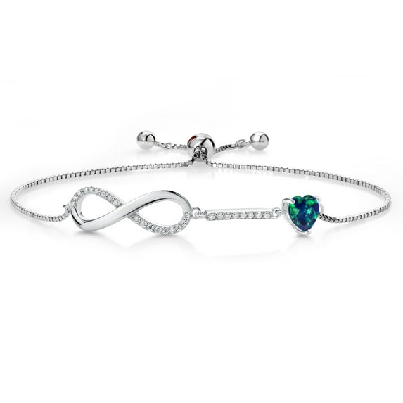 Gem Stone King 925 Sterling Silver Infinity Bracelet for Women with Heart Simulated Opal and Moissanite (0.88 Cttw, Box Chain Fully Adjustable up to 9 inch)