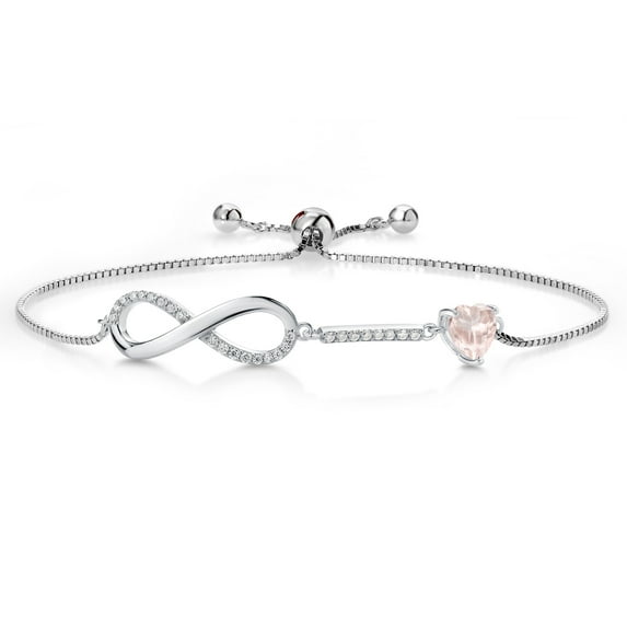 Gem Stone King 925 Sterling Silver Infinity Tennis Bracelet for Women with Heart Rose Quartz and Moissanite (0.85 Cttw, Box Chain Fully Adjustable up to 9 inch)