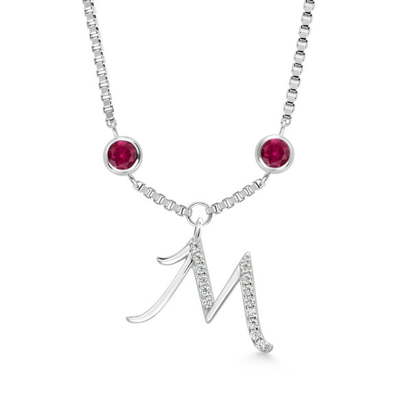 Gem Stone King 925 Sterling Silver Initial Letter Charm Pendant Necklace for Women with Moissanite and Created Ruby - Elegant Dangling Design on 18 inch Box Chain