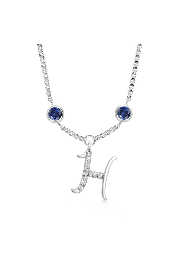 925 Sterling Silver Initial Letter Charm Pendant Necklace for Women with Moissanite and Created Sapphire - Elegant Dangling Design on 18 inch Box Chain
