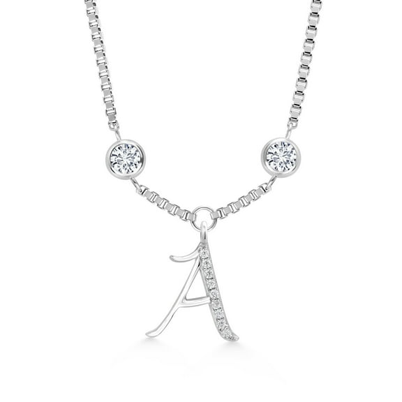 Gem Stone King 925 Sterling Silver Initial Letter Charm Pendant Necklace for Women with White Moissanite - Elegant Dangling Design on 18 inch Box Chain