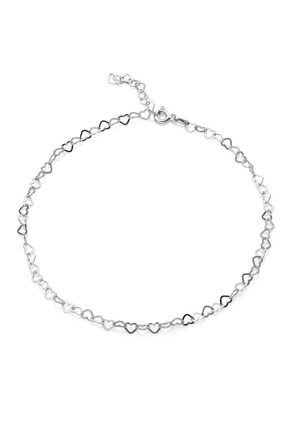 925 Sterling Silver Italian Rolo Heart Link Chain Anklet Bracelet for Women Adjustable up to 11 inch, Made in Italy