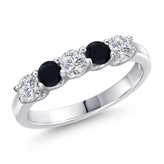 Gem Stone King 925 Sterling Silver Lab Grown Diamond and Black Onyx Wedding-Bands Ring for Women | 0.77 Cttw | Round 3.5MM | Gemstone April Birthstone | Size 8