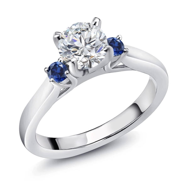 Gem Stone King 925 Sterling Silver Lab Grown Diamond and Blue Created Sapphire Engagement Ring for Women | 0.84 Cttw | Round 6MM | Gemstone April Birthstone | Size 7
