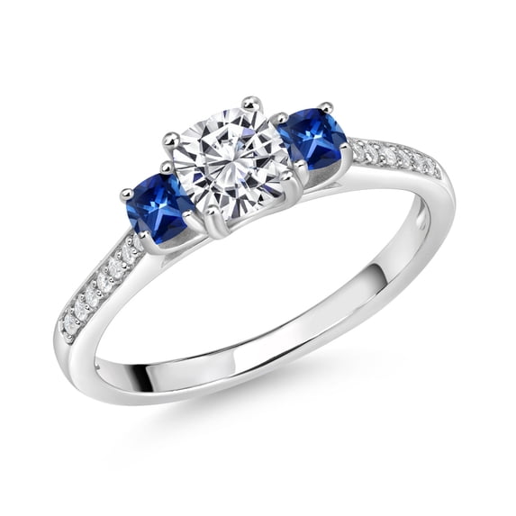 Gem Stone King 1.36 Cttw Lab Grown Diamond Blue Created Sapphire and White Moissanite Engagement Ring for Women | 925 Sterling Silver | Cushion 5MM | Gemstone Birthstone (Size 9)